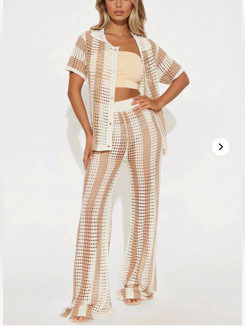 Fashion Nova Beige & White Crochet Wide-Leg Pants set top and bottom